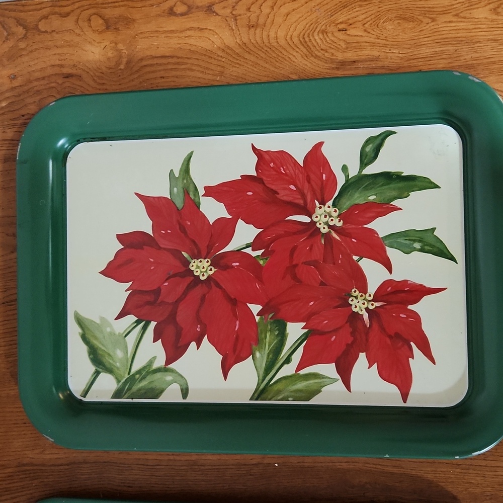 Vintage Festive Red Poinsettia Metal 16" x 12" Holiday Tray Set of 6